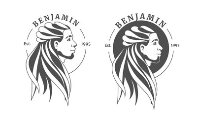 A set of logos with a man's face and decorative elements. Minimal linear style. Art Nouveau style. Vector emblem and icon for beauty salon, spa, fashion store, cosmetic brand. .