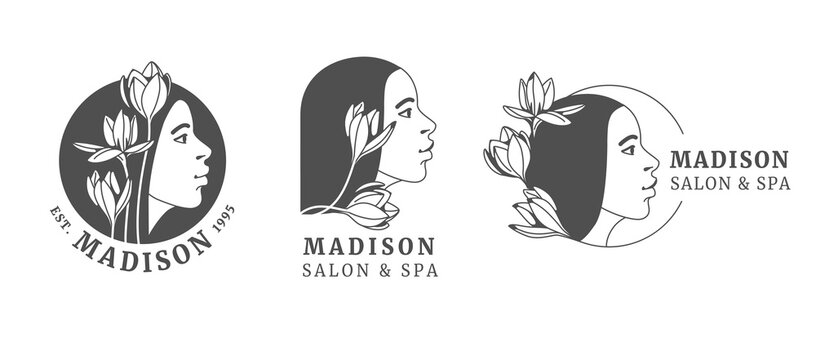 A set of logos with a woman's face and floral and decorative elements. Minimal linear style. Art Nouveau style. Vector emblem and icon for beauty salon, spa, fashion store, cosmetic brand. .
