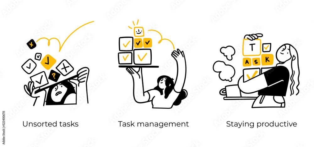 Poster productive workflow organization - abstract business concept illustrations. unsorted tasks, task man
