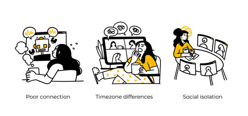Productive Workflow Organization - abstract business concept illustrations. Poor connection, Timezone differences, Social isolation. Visual stories collection