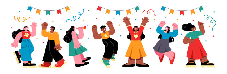 Fototapeta premium Grand opening ceremony celebration or other big ceremony event concept. Illustrations of excited happy people celebrating an event. Vector