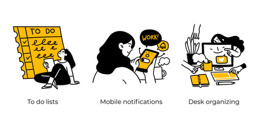 Productive Workflow Organization - abstract business concept illustrations. To-do lists, Mobile notifications, Desk organizing. Visual stories collection