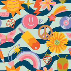Vector teenage seamless 70s retro pattern hippie