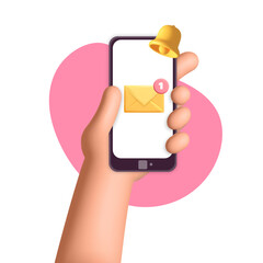 3d vector cartoon hand holding phone with email new message notification with bell reminder icon design illustration. Social media network and marketing concept. Yellow envelope with new message icon