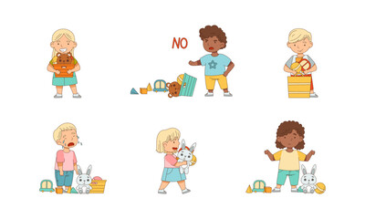 Happy and Grumpy Kids with Toys Playing and Grizzling Vector Set