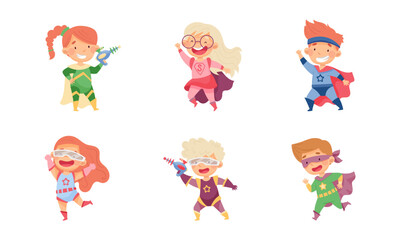 Kids Wearing Costumes of Superhero Pretending Having Powers for Fighting Crime Vector Set