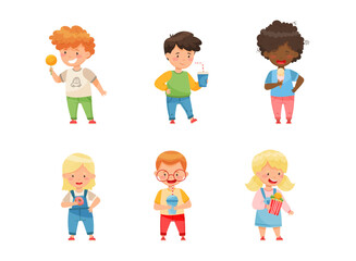 Little Boy and Girl Drinking Soda with Straw and Eating Confection Vector Set