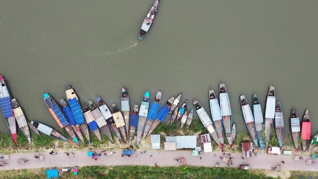Boats are arranged in line in Chalan Beel, Natore, Bangladesh