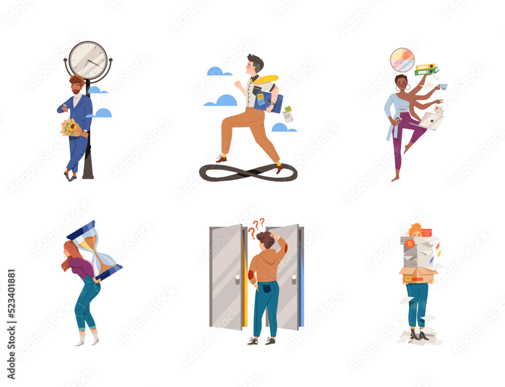 Poster time management with people characters multitasking and organizing their time vector illustration se
