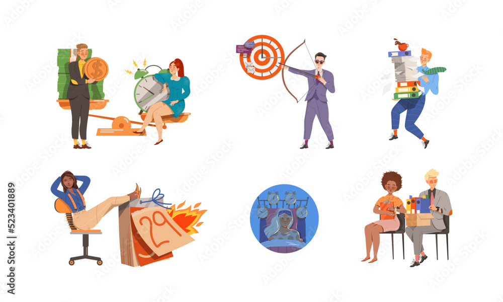 Aufkleber time management with people characters multitasking and organizing their time vector illustration se