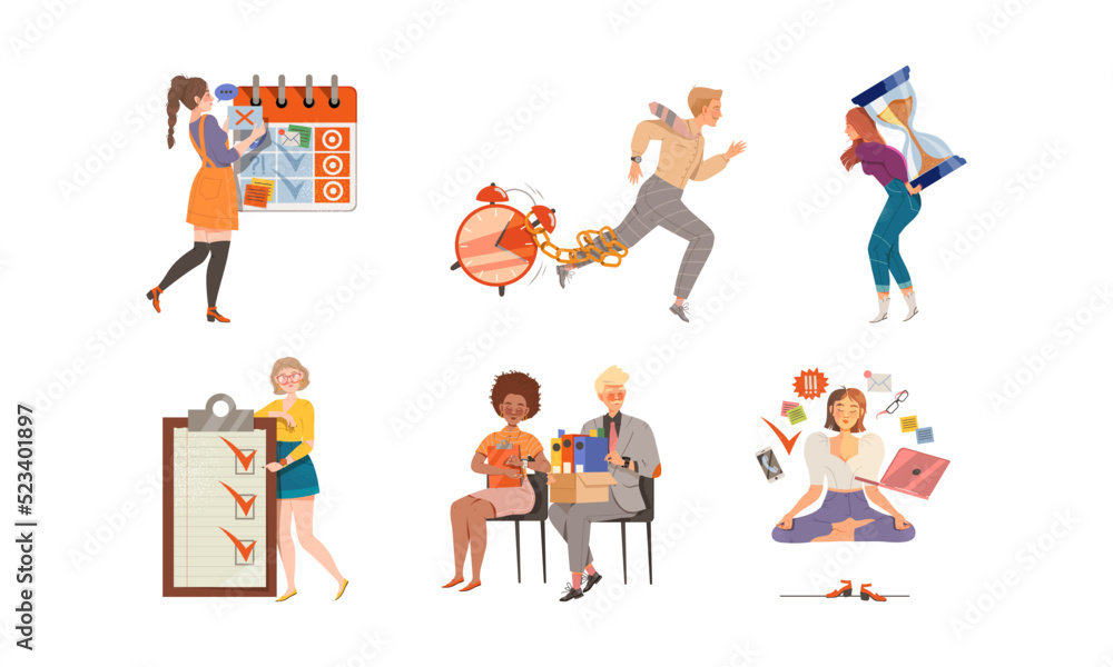 Aufkleber time management with people characters multitasking and organizing their time vector illustration se