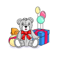 Teddy bear with a red bow on the background of gifts and candies with balloons. Cartoon cute character. Greeting card. Vector illustration.