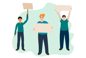 Men with empty banner,  protesting group, Group of angry young men, vector people
