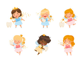 Cute Little Tooth Fairy with Baby Teeth and Wand Vector Set