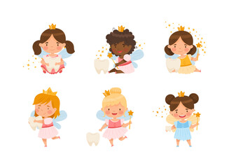 Cute Little Tooth Fairy with Baby Teeth and Wand Vector Set