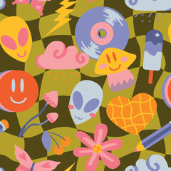 Vector teenage seamless 70s retro pattern hippie