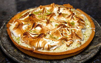 Traditional lemon pie in selective focus. Closeup