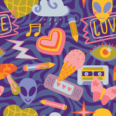 Vector teenage seamless 70s retro pattern hippie