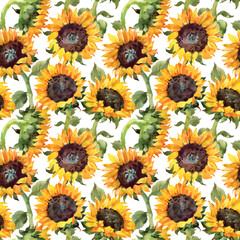 Yellow sunflowers seamless pattern for fabric, wallpaper, wrapping paper and scrapbooking layout. Watercolor botanical illustration