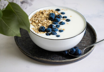 Yogurt, oatmeal, blueberries on a light background
