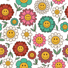 Daisy flower seamless pattern. Retro positive smiling faces, hippie chamomile characters, cartoon groovy plants. Decor textile, wrapping paper, wallpaper design. Tidy vector background