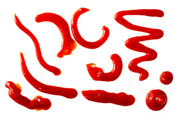 Set of Ketchup stains. Tomato sauce red spots, smears and drops isolated on white background.