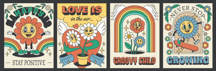 Groovy daisy flower posters. Psychedelic chamomiles with phrases, retro style faces, 70s hippie cards collection, rainbows and botanical elements, vintage print, tidy vector set - obrazy, fototapety, plakaty