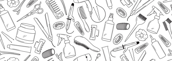 Seamless vector banner with outline hairdresser tools. Hand drawn barber equipment background. Hair dryer, curling and flat iron, scissors, comb, brush in freehand style. Beauty objects