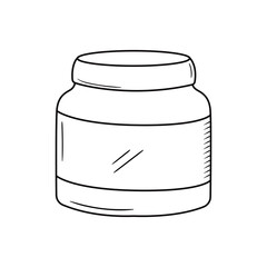 Outline doodle vector illustration of container with cosmetic product. Hand drawn tube with hair mask, body lotion. Bathroom equipment icon isolated on white background