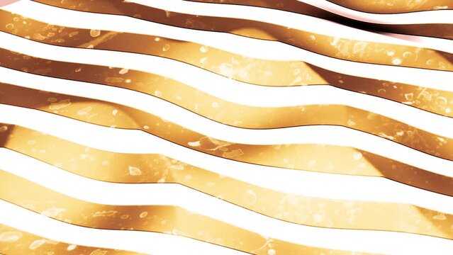 Abstract golden material covered by white parallel horizontal stripes. Motion. Flexible fabric with white lines.