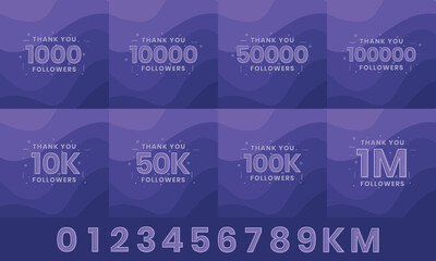 Thank you Followers Greeting card bundle. Thank you 1000, 1k, 10000, 10k, 50k, 1M Followers celebration social media bundle design.