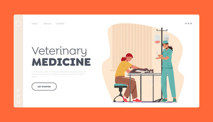 Veterinary Medicine Landing Page Template. Vet Clinic Doctor Insert Dropper to Cat Lying on Desk during Procedure