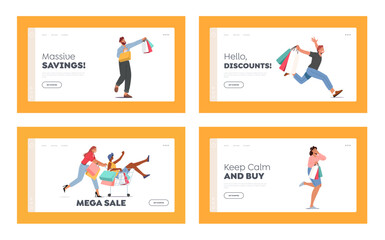 Store Sale Landing Page Template Set. People Run for Shopping. Excited Male and Female Characters Hurry to Buy Things