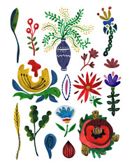 Set of watercolor decorative flowers of Ukraine in the style of primitivism on a white background. Colorful elements for stylish product design, fabric, souvenirs  and printing. 