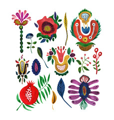 Set of watercolor decorative flowers of Ukraine in the style of primitivism on a white background. Colorful elements for stylish product design, fabric, souvenirs  and printing. 