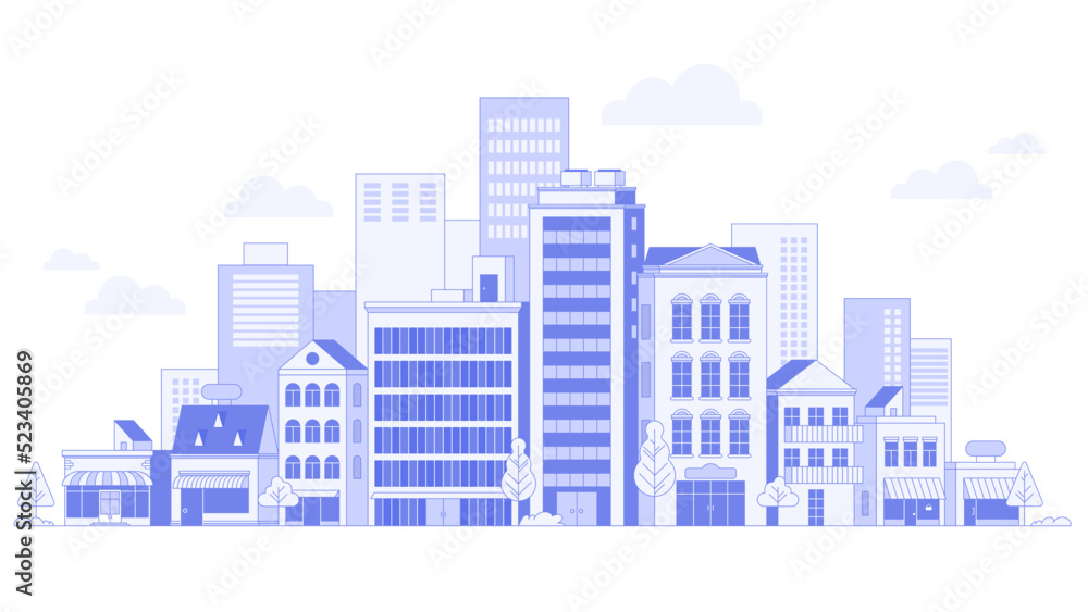 Wall mural city landscape with buildings. towers and buildings in modern flat style on white background. abstra