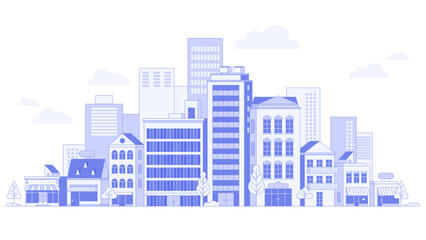 City landscape with buildings. Towers and buildings in modern flat style on white background. Abstract horizontal banner and background with copy space for text. Vector header images for web