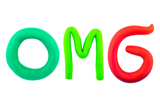 message omg you Funny plasticine alphabet letters on white background