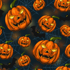 Seamless pattern with halloween pumpkin symbol, spiderweb, silhouette of bat. Pumpkins stylized as grinning human male face. Textured dark blue background with round halftone shapes.
