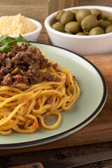 Focus on delicious bolognese pasta. Selective focus