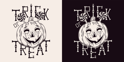 Halloween monochrome vintage emblem with candy, pumpkin head stylized as human freckled kids face. Traditional text Trick or Trick. Letters made of bones. Isolated vector illustration