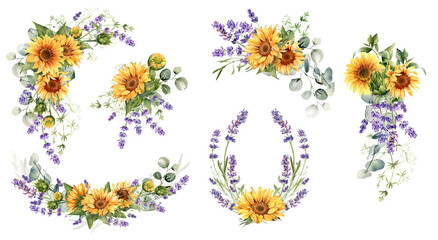 Sunflower and lavender flowers set. Watercolor illustration isolated on white background. Floral bouquet, border, wreath. Perfect for greeting card, poster, rustic wedding invitation © Nataliya Kunitsyna