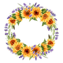 Sunflower and lavender flowers wreath. Watercolor illustration isolated on white background. Floral round frame. Perfect for greeting card, poster, rustic wedding invitation