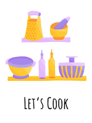 Cooking poster with kitchen utensils and the quote let's cook. Inscriptions kitchen cafe restaurant decorations.