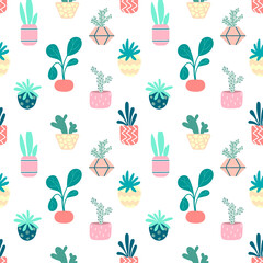 Home potted plants seamless pattern. Indoor flowers. Pattern in earthy and natural colors in boho style