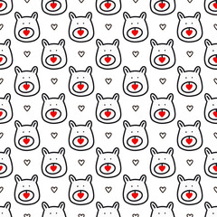 Seamless pattern with bear muzzle and hearts on a white background