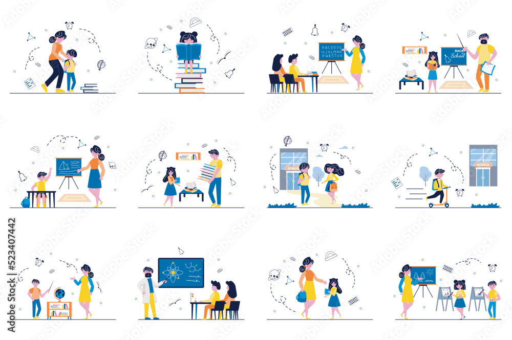 Aufkleber back to school concept with tiny people scenes set in flat design. bundle of pupils learning at clas