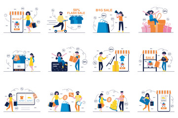 Fototapeta na wymiar Discount store concept with tiny people scenes set in flat design. Bundle of men and women with shopping bags makes purchases, bis sales, online ordering and payment. Vector illustration for web