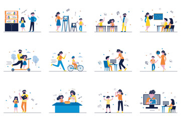 Learning process concept with tiny people scenes set in flat design. Bundle of boys and girls learning to read, drawing, ride scooter, cycling, cook at home with mentors. Vector illustration for web