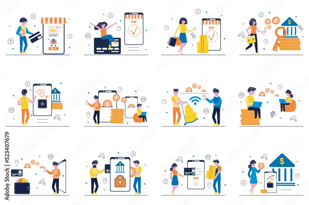 Poster mobile banking concept with tiny people scenes set in flat design. bundle of men and women manage mo